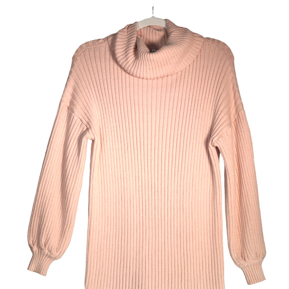 Pale Pink Sweater Dress Women Small Cowl Neck Balloon Sleeves Ribbed Boho - Picture 2 of 6